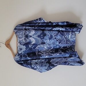 Chico's Blue Satin Floral Paisley Spliced Tapestry Print Woven Poncho Size L/XL